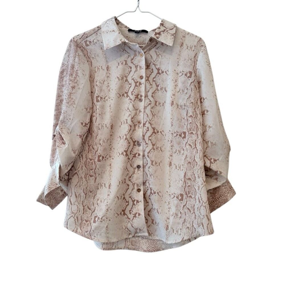 Alex Marie Snakeskin Print Roll Tab Sleeve Button Up Shirt Ivory Brown Sz Small